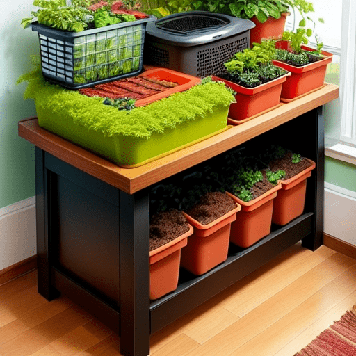 A colorful image of a composting set-up in a small apartment, with a stack of vegetable scraps, an aerated compost container, and a tray of soil underneath.