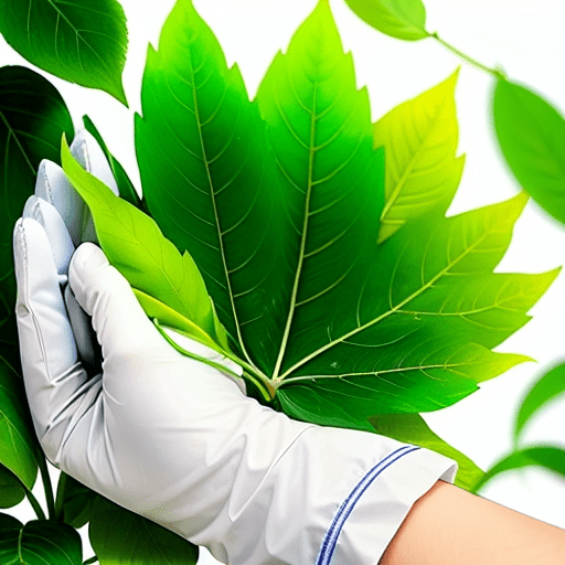 A white-gloved hand holding a bundle of eco-friendly cleaning supplies with a green leaf in the background.